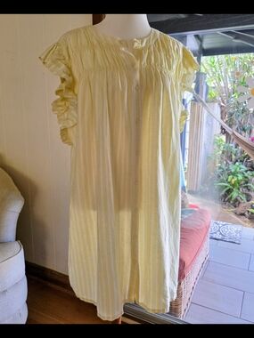Smocked LOFT Yellow Striped Button-Front Linen DRESS with Ruffles XL